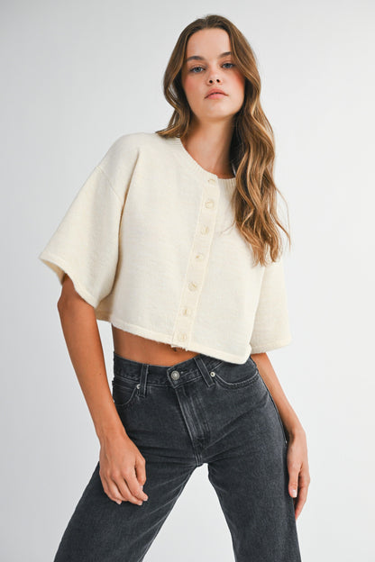  Jeanne Cropped Crew Neck Sweater, Cream
