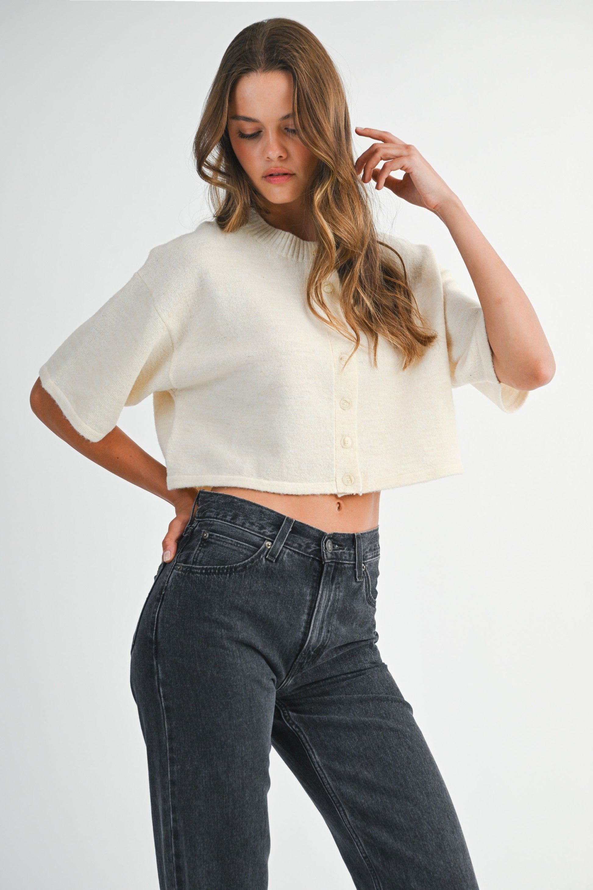 Jeanne Cropped Crew Neck Sweater, Cream