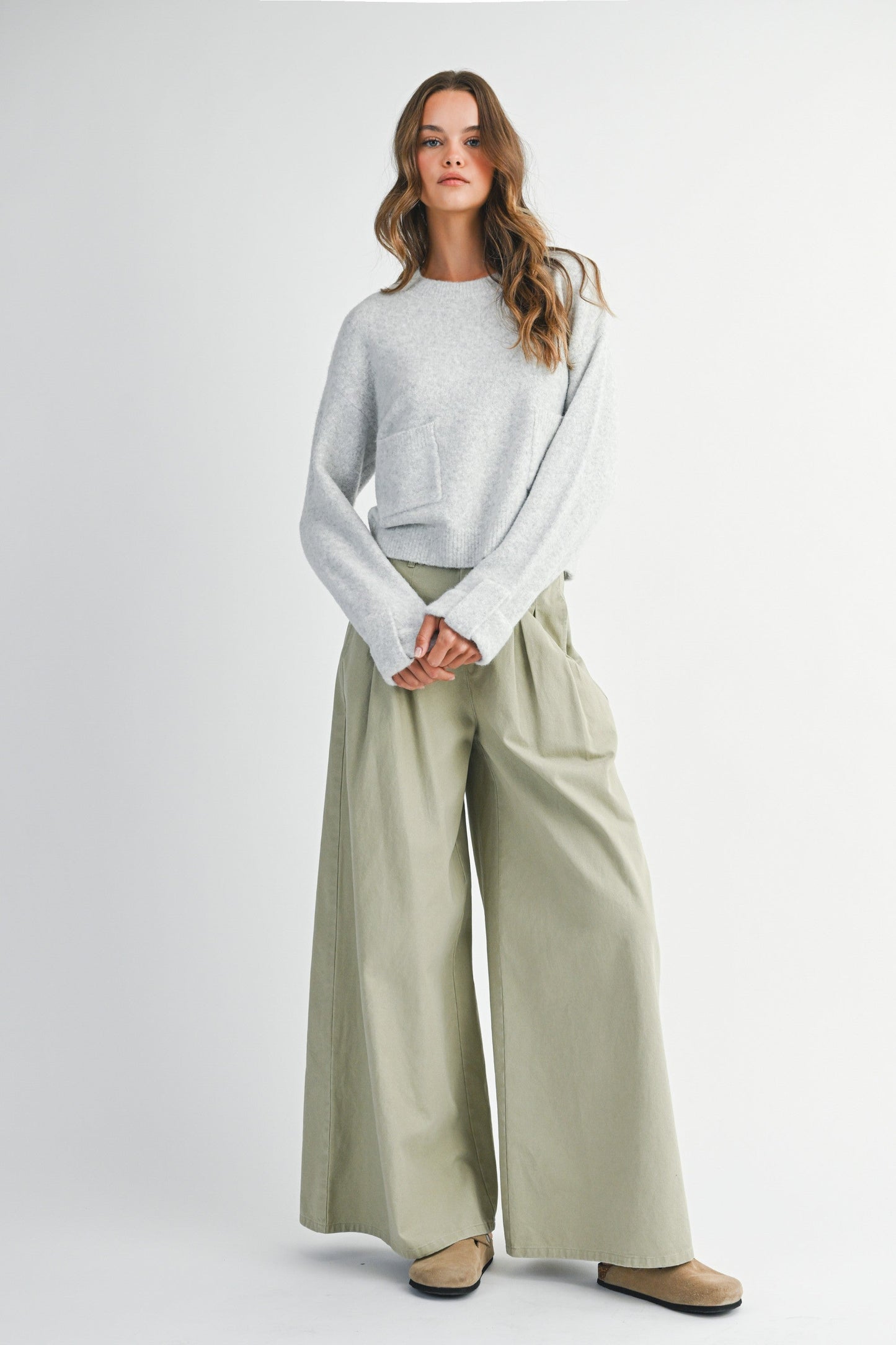  Lila Cuff Detail Pocket Sweater, Heather Grey