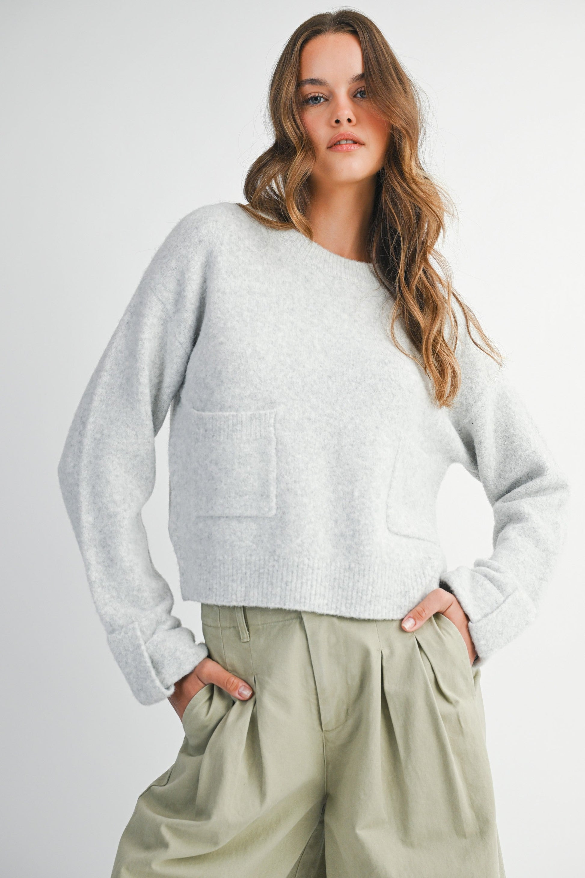  Lila Cuff Detail Pocket Sweater, Heather Grey