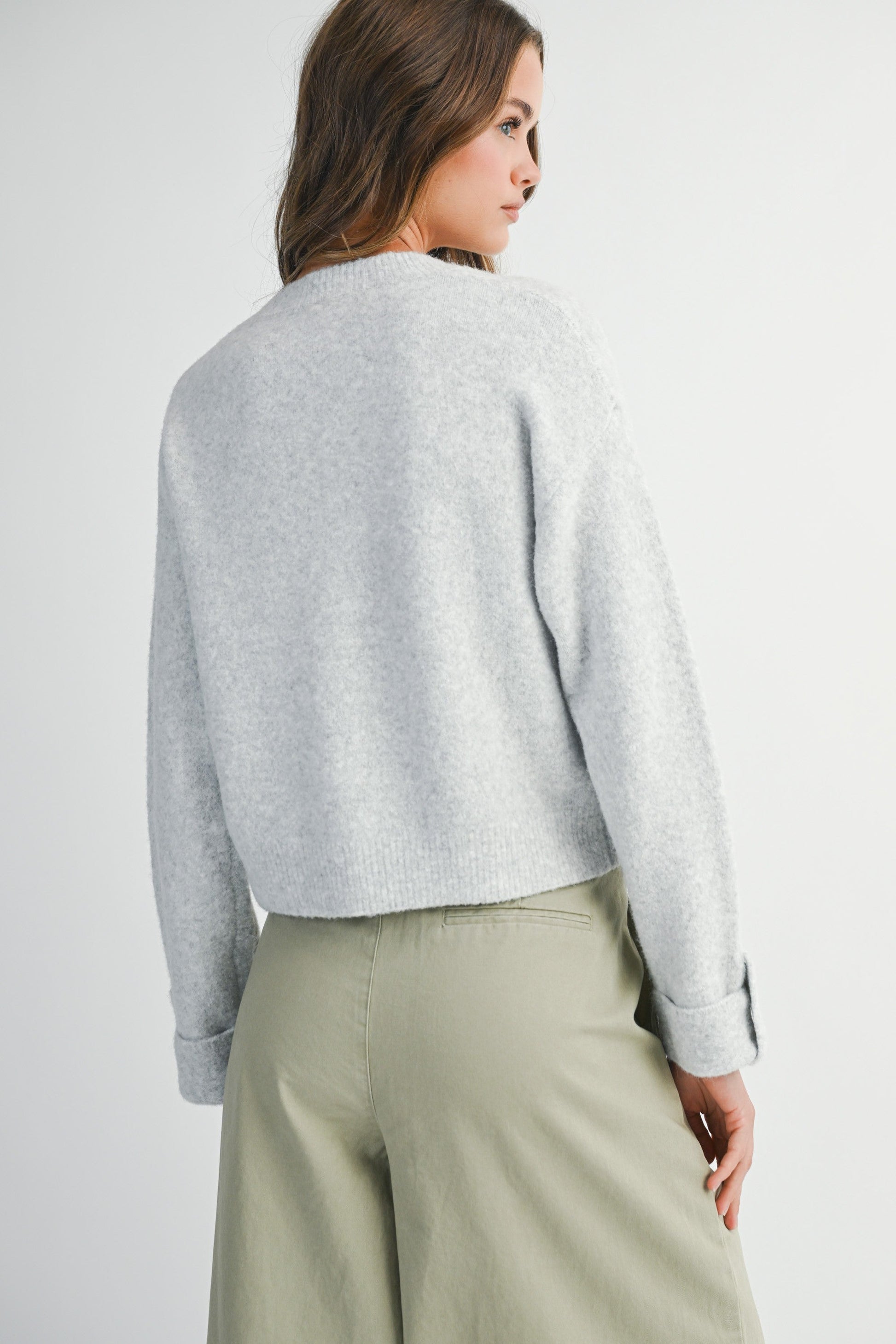  Lila Cuff Detail Pocket Sweater, Heather Grey