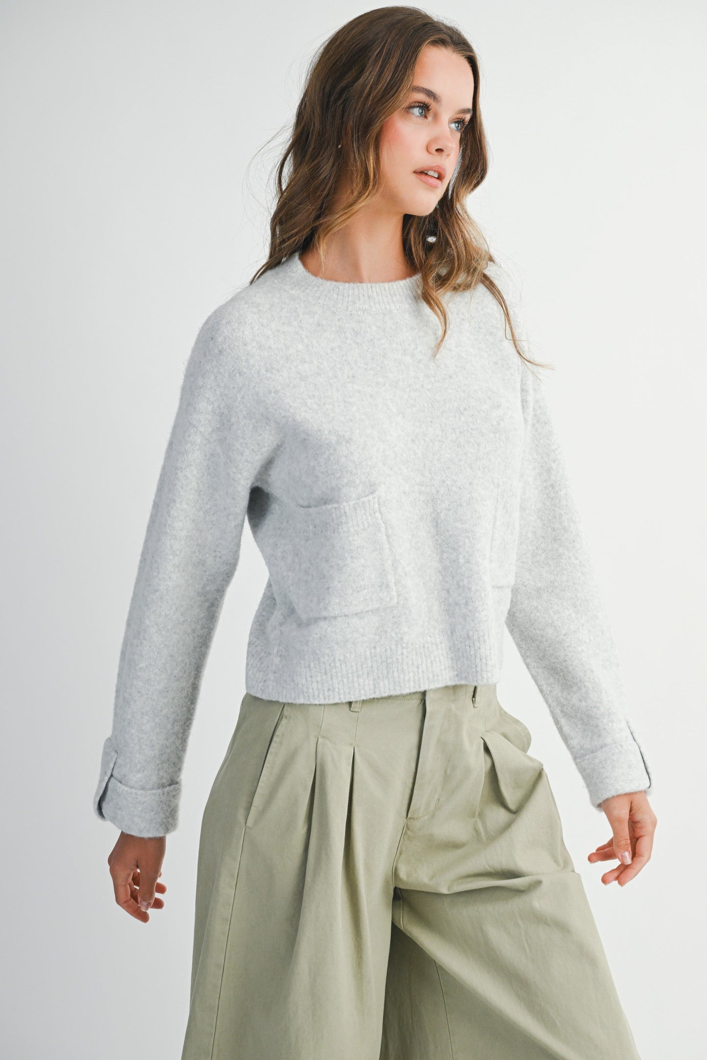  Lila Cuff Detail Pocket Sweater, Heather Grey