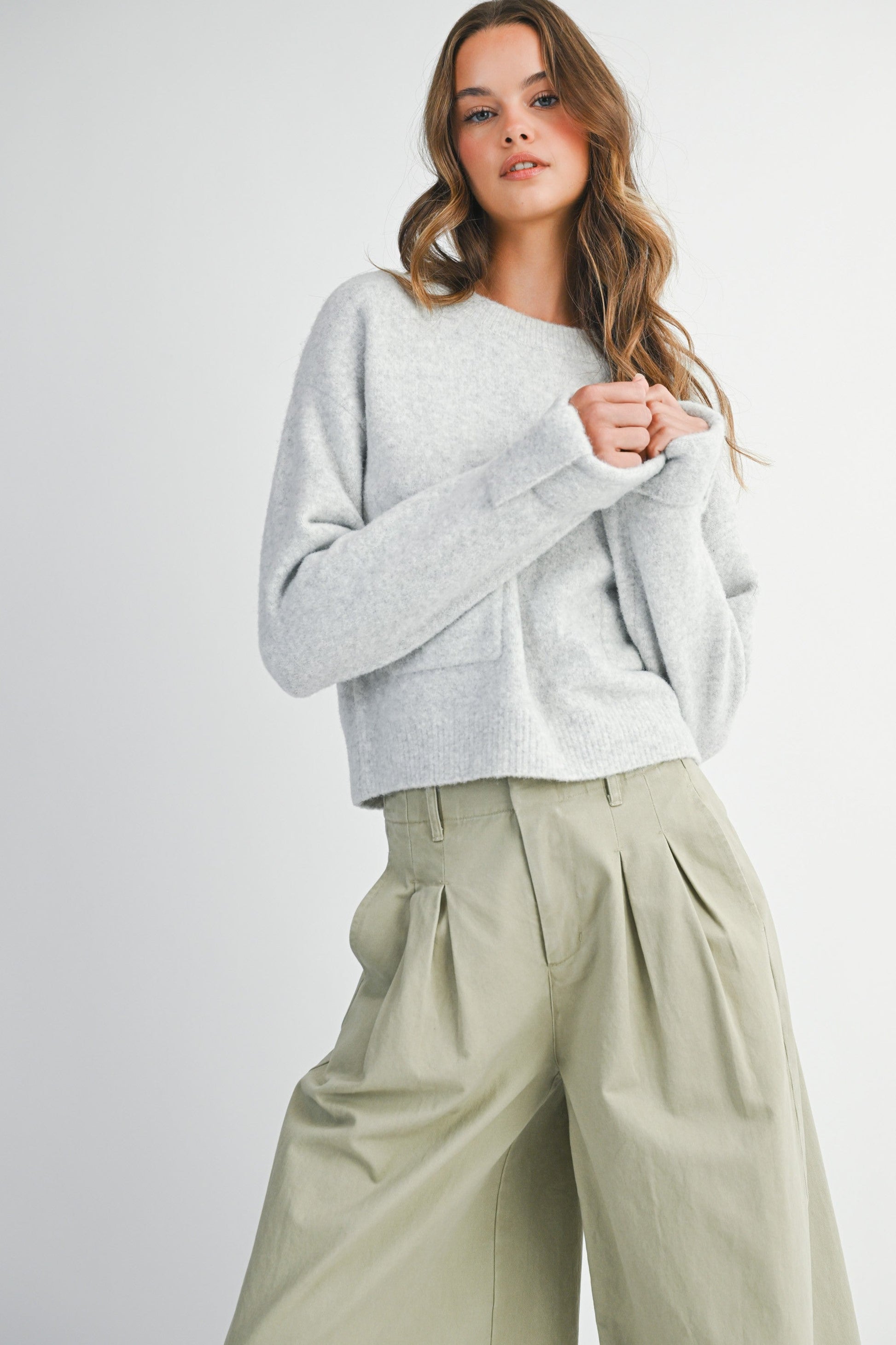  Lila Cuff Detail Pocket Sweater, Heather Grey