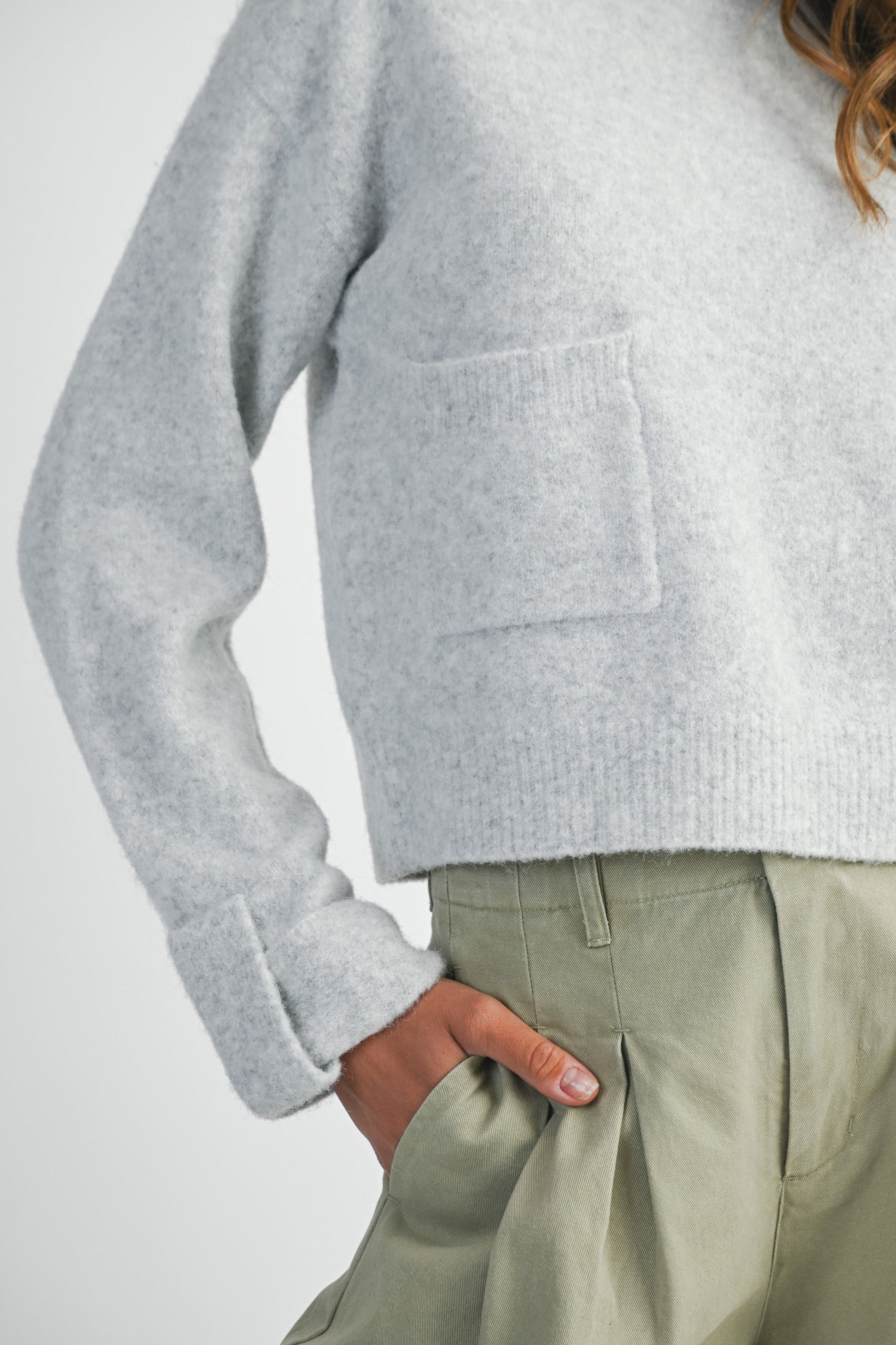  Lila Cuff Detail Pocket Sweater, Heather Grey