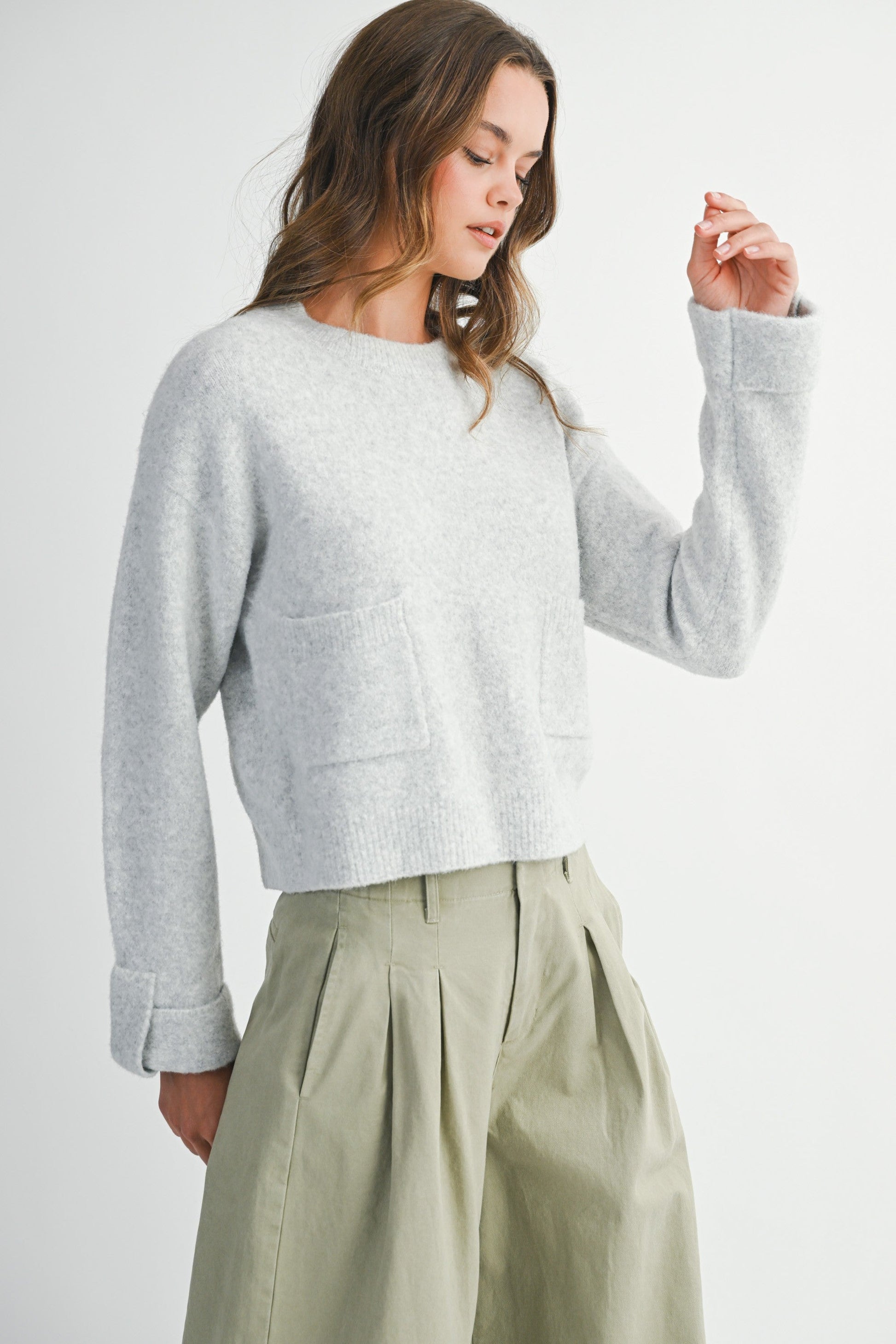 Lila Cuff Detail Pocket Sweater, Heather Grey