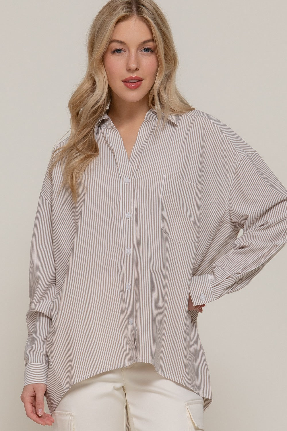  Sadie Oversized Striped Shirt, Khaki/Off White