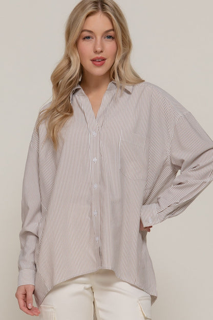  Sadie Oversized Striped Shirt, Khaki/Off White