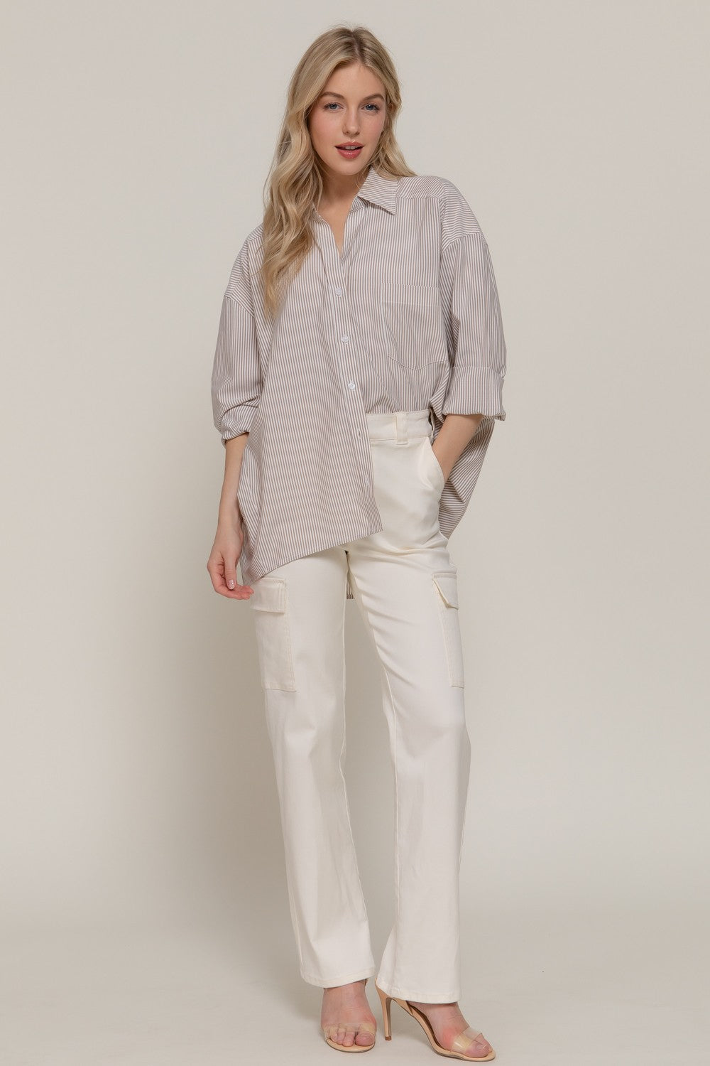  Sadie Oversized Striped Shirt, Khaki/Off White