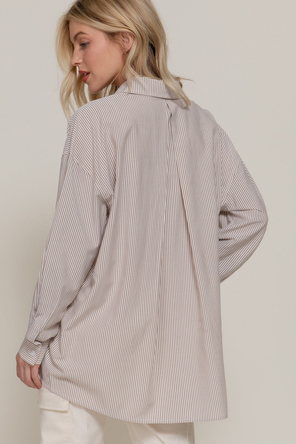  Sadie Oversized Striped Shirt, Khaki/Off White