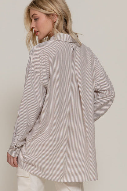  Sadie Oversized Striped Shirt, Khaki/Off White