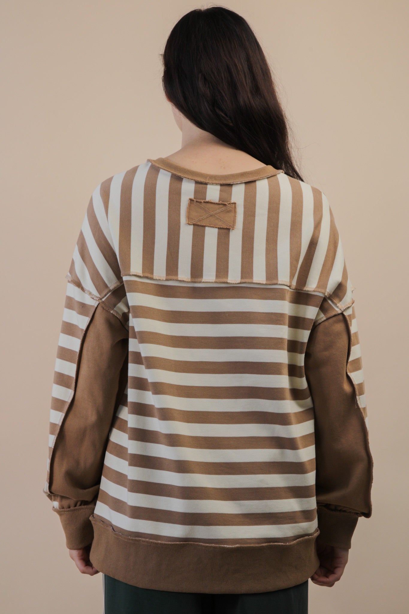 Chrissy Striped Henley Top, Taupe/Cream