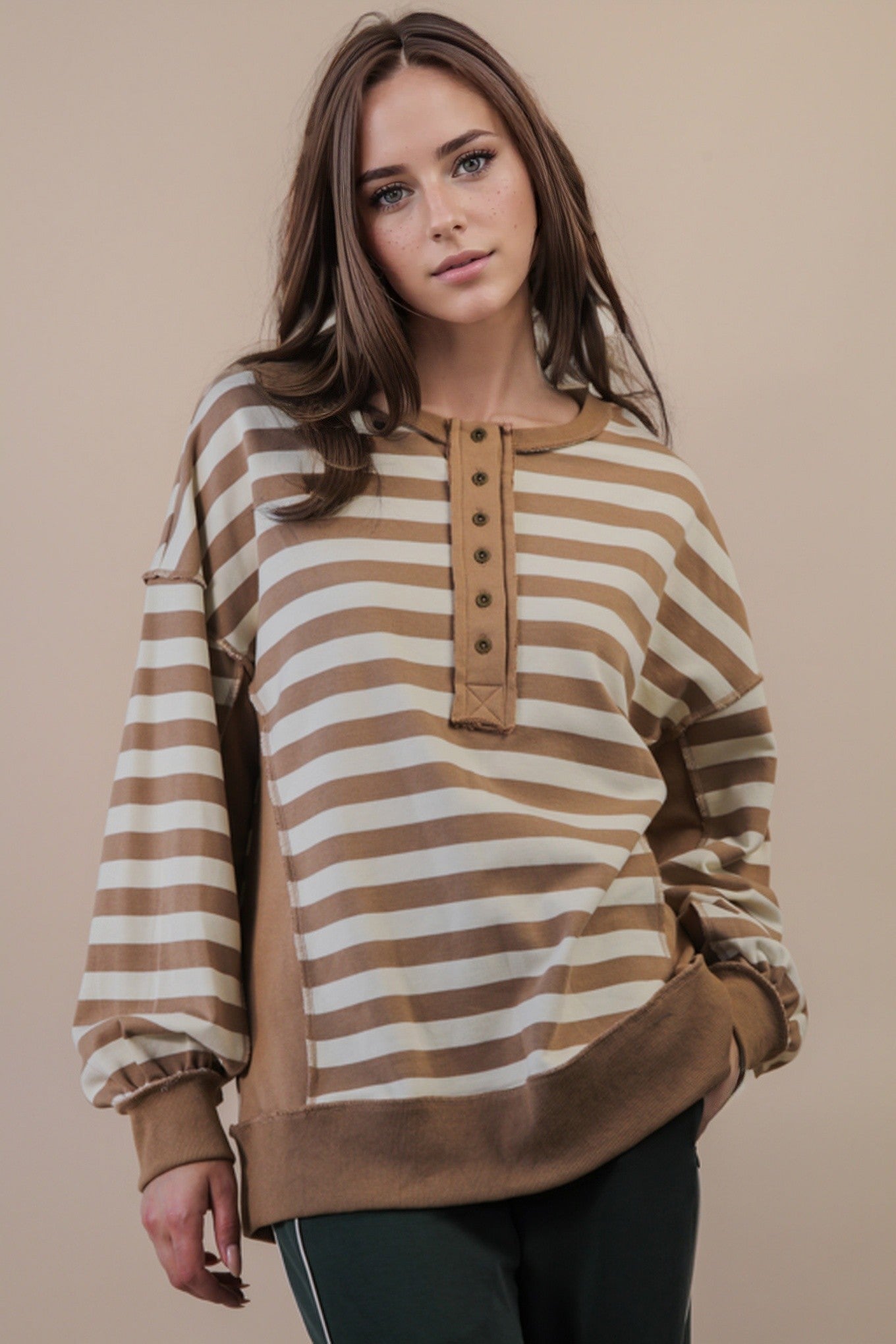  Chrissy Striped Henley Top, Taupe/Cream