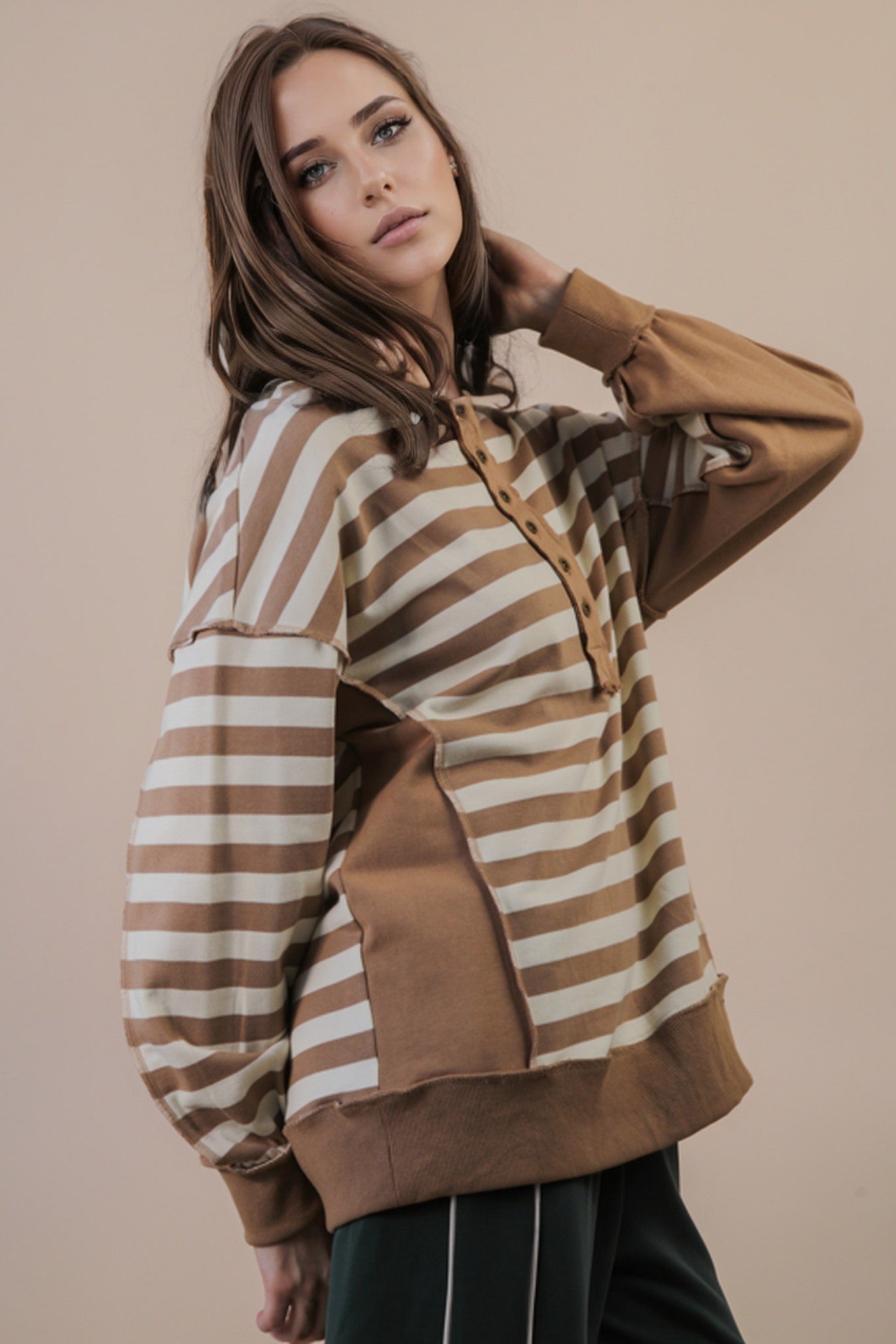  Chrissy Striped Henley Top, Taupe/Cream