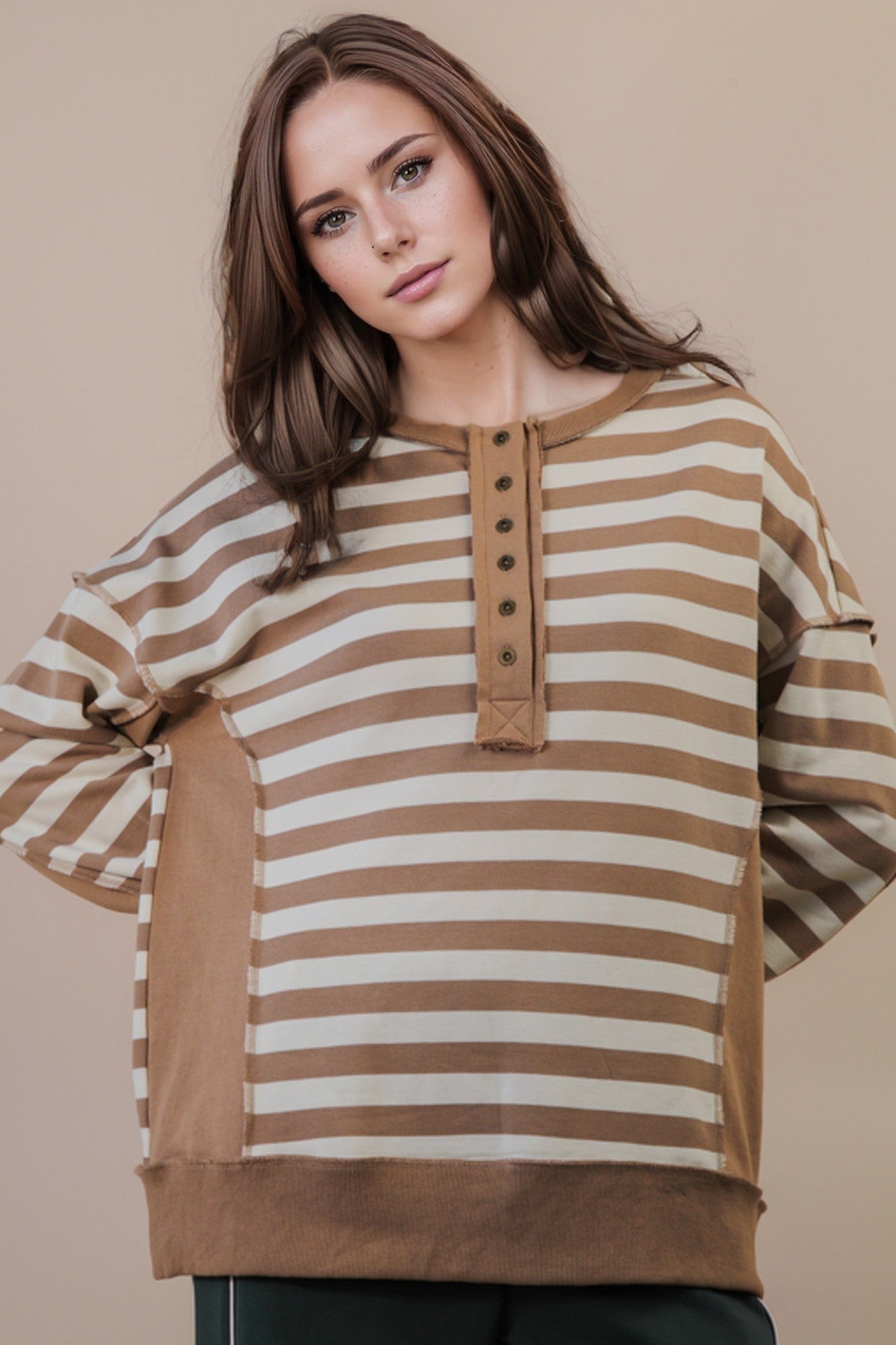  Chrissy Striped Henley Top, Taupe/Cream