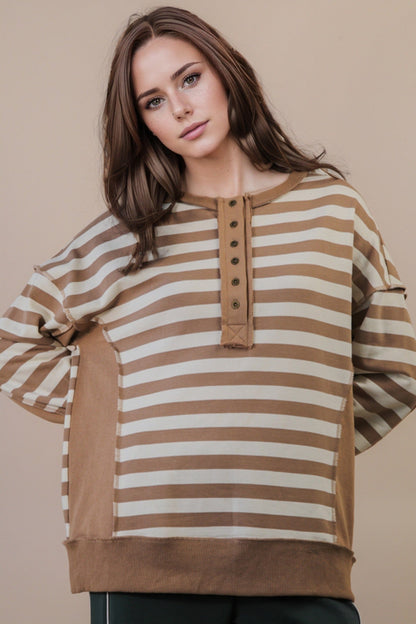  Chrissy Striped Henley Top, Taupe/Cream