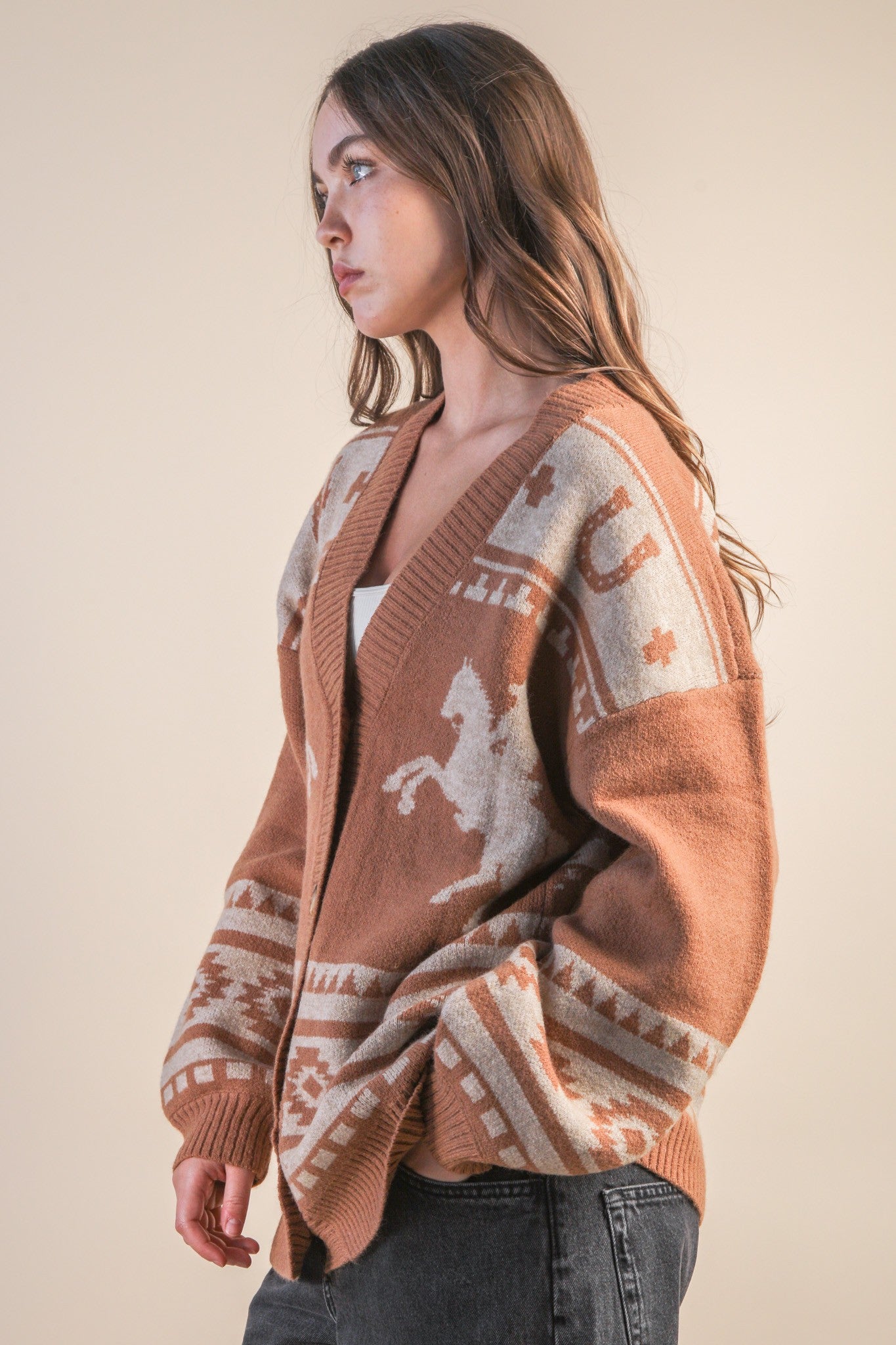  Bondurant Western Print Cardigan, Camel