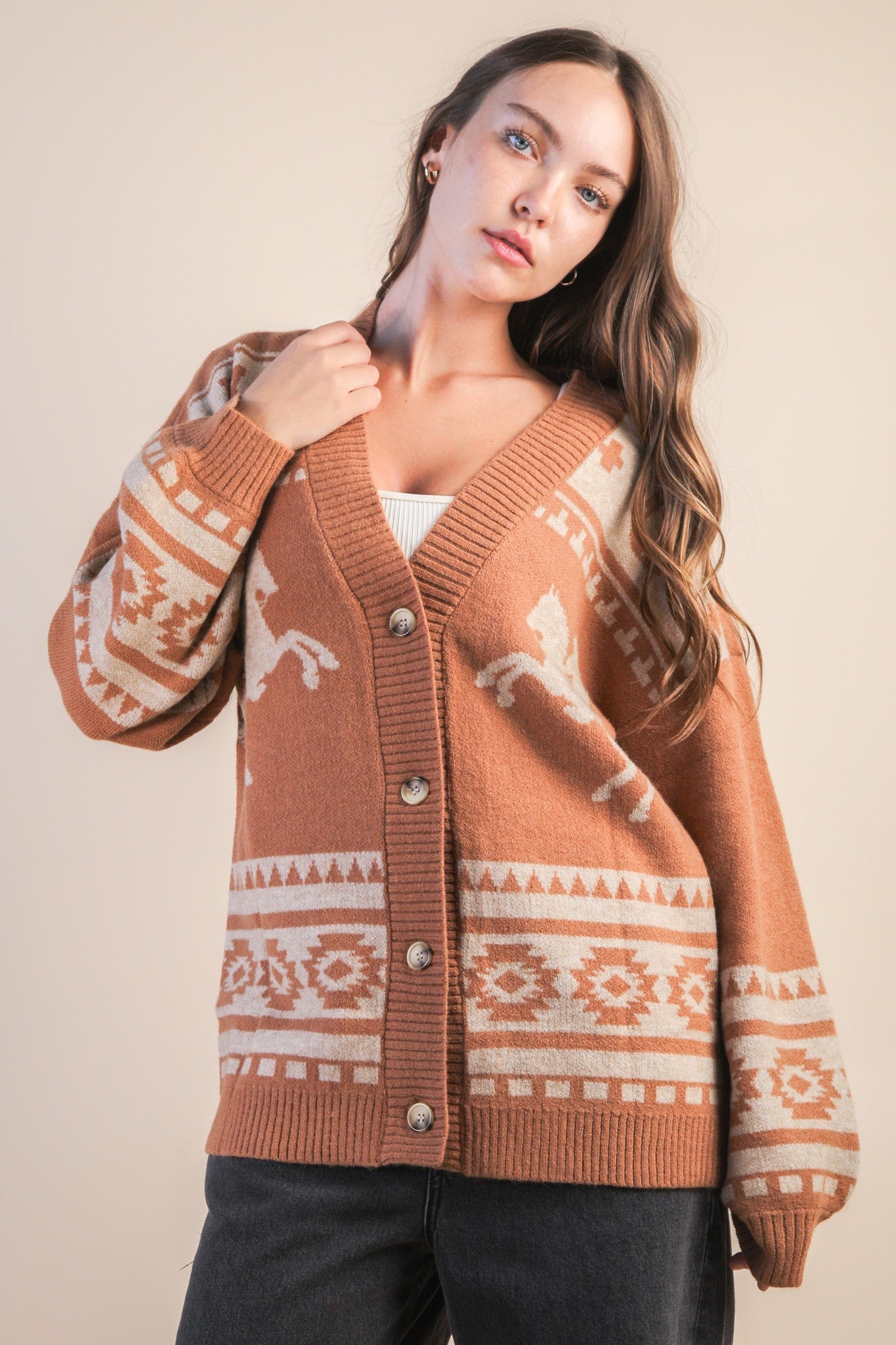  Bondurant Western Print Cardigan, Camel