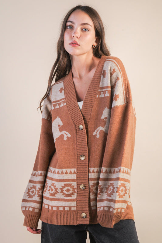  Bondurant Western Print Cardigan, Camel