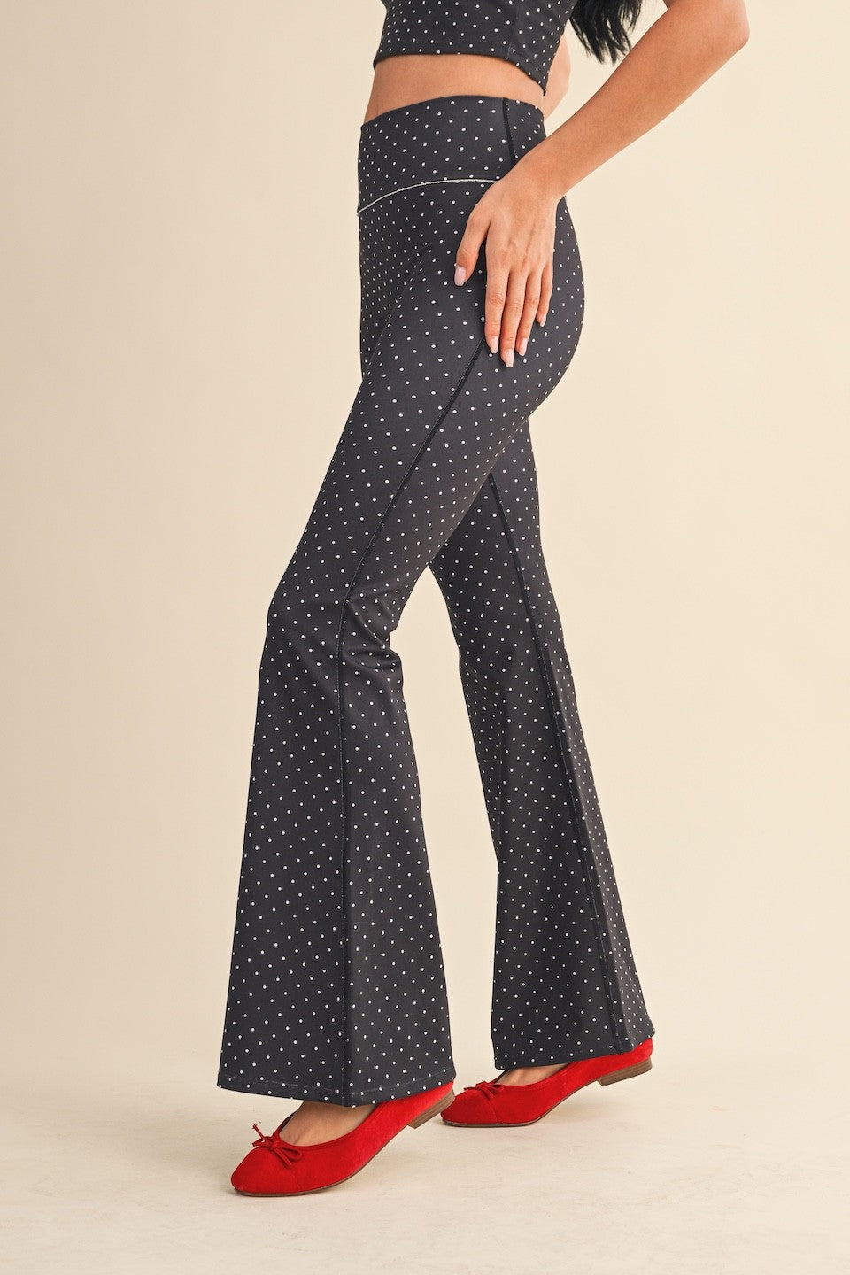  Sally Printed Flare Pants, Black Polka Dot