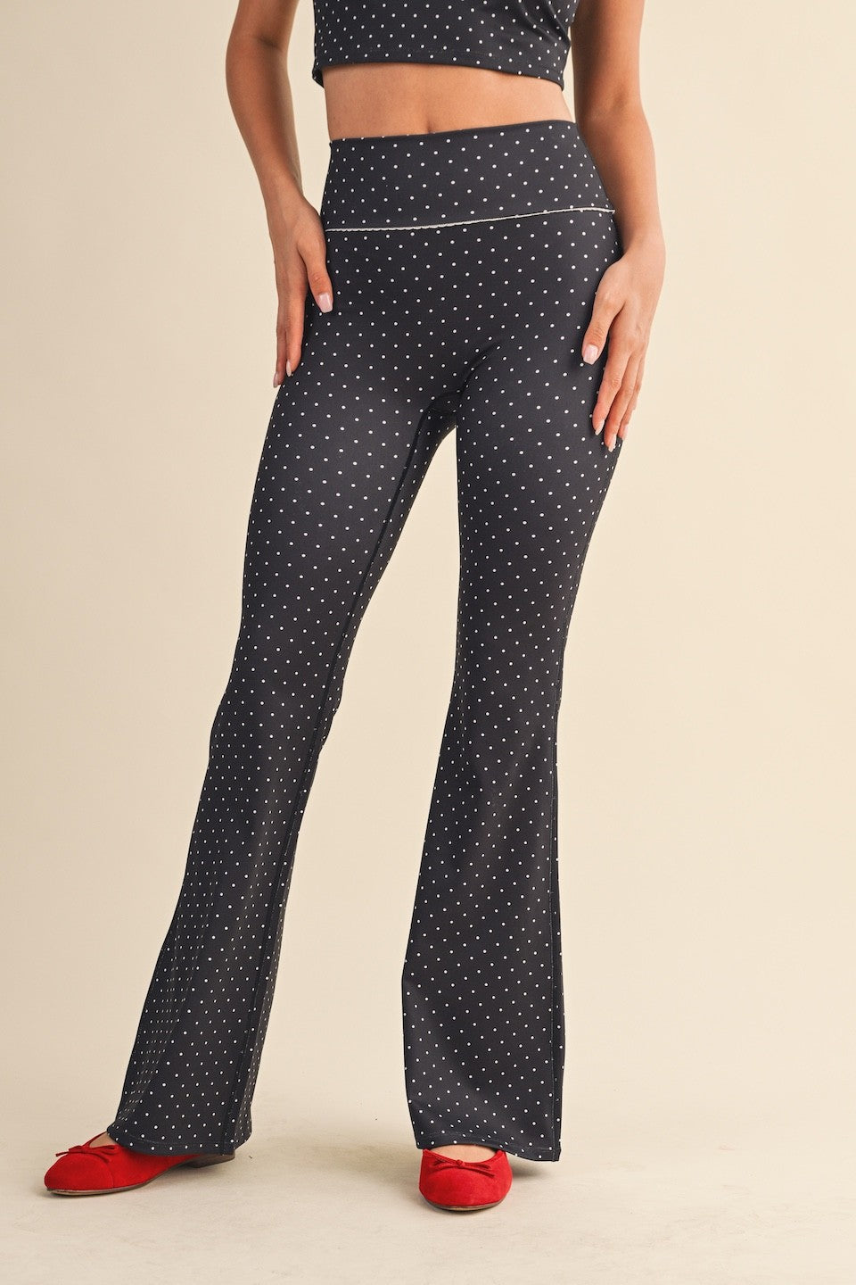  Sally Printed Flare Pants, Black Polka Dot