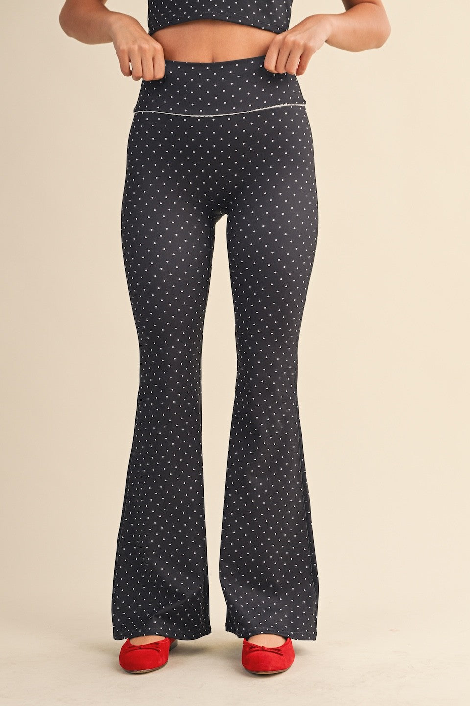  Sally Printed Flare Pants, Black Polka Dot