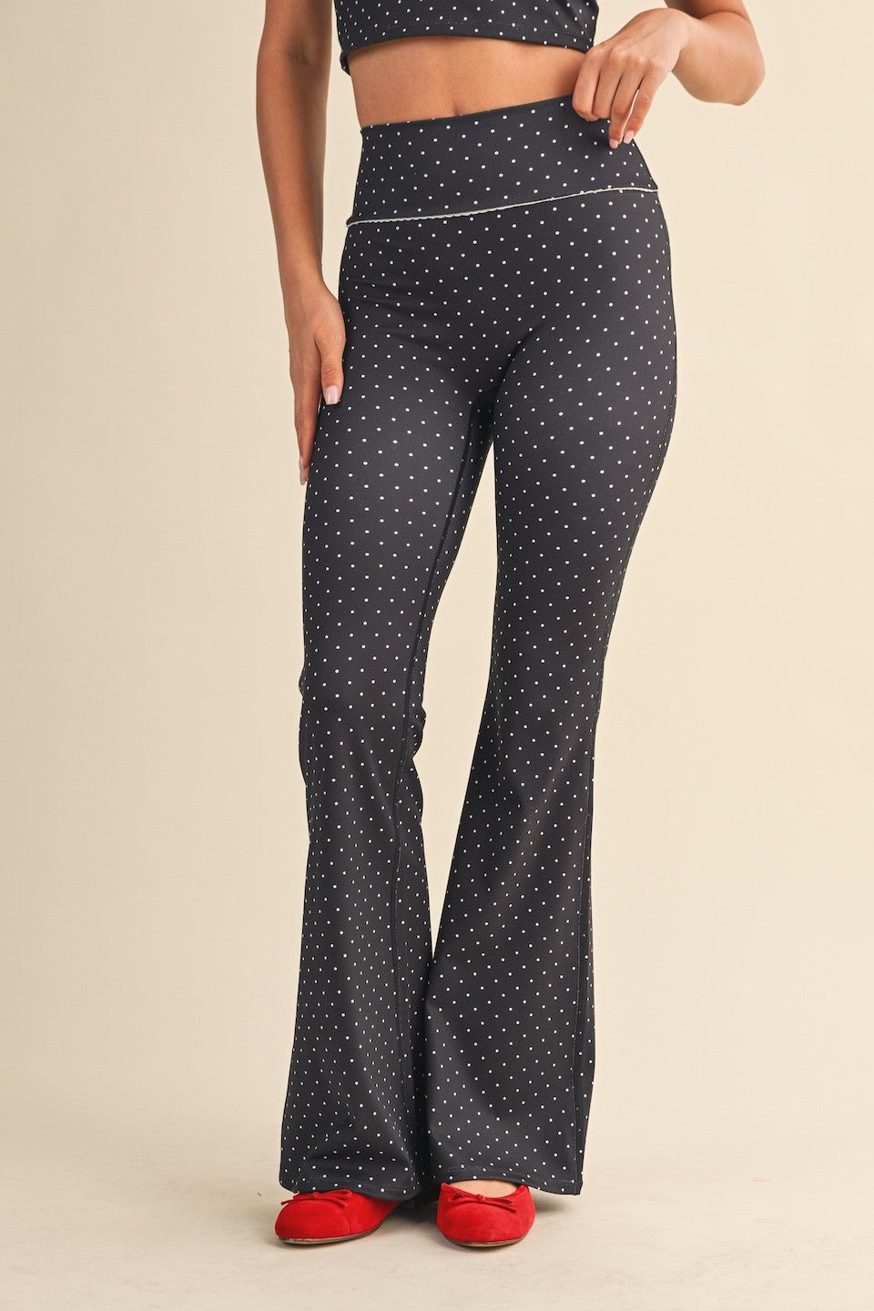  Sally Printed Flare Pants, Black Polka Dot