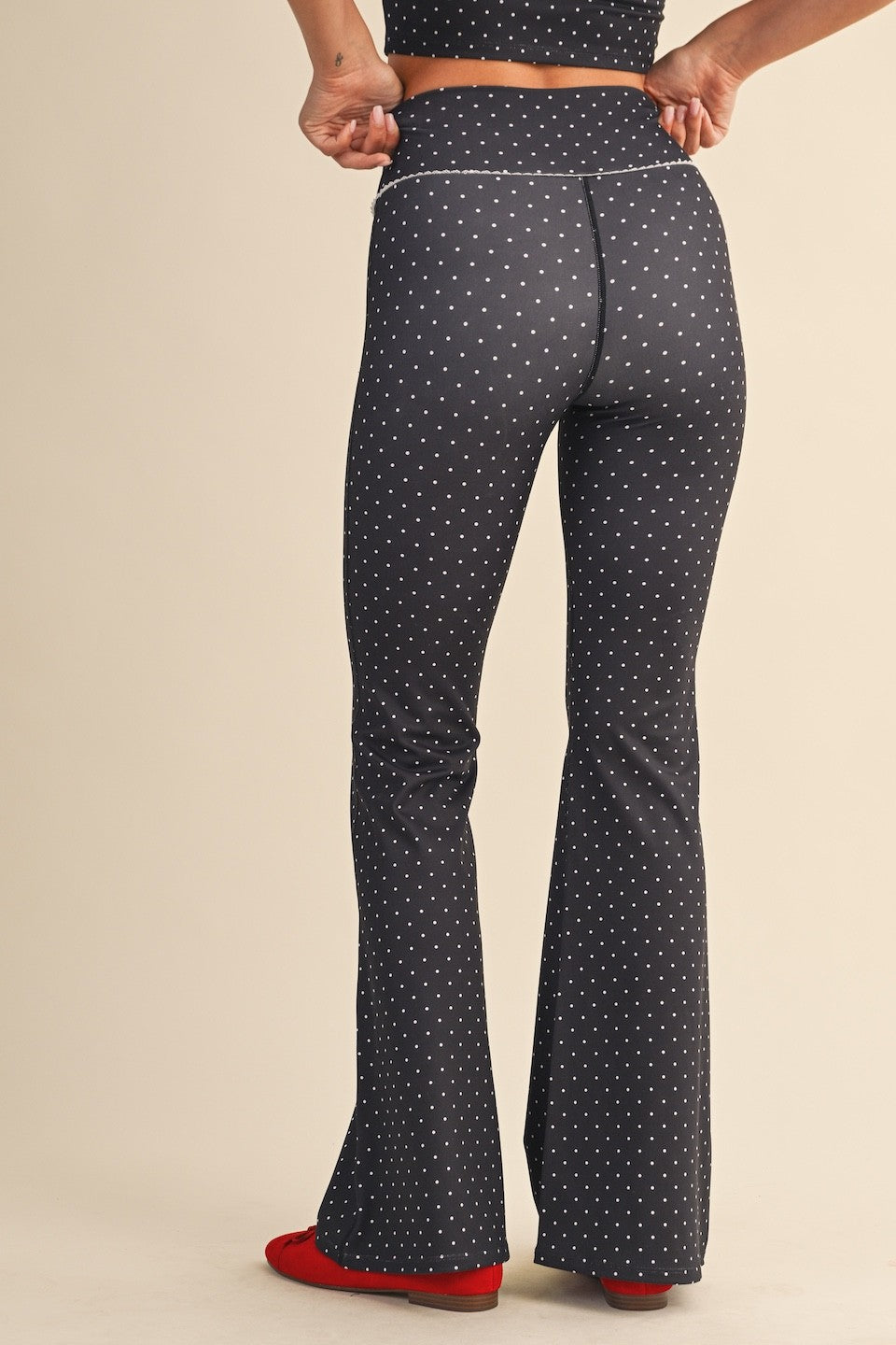 Sally Printed Flare Pants, Black Polka Dot