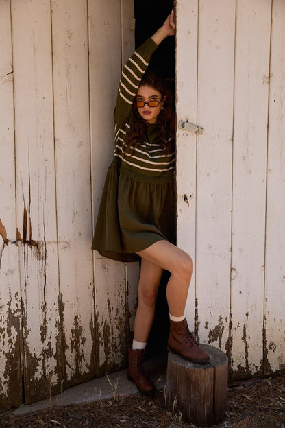  Holland Striped Mix Media Dress, Olive-Cream Stripe