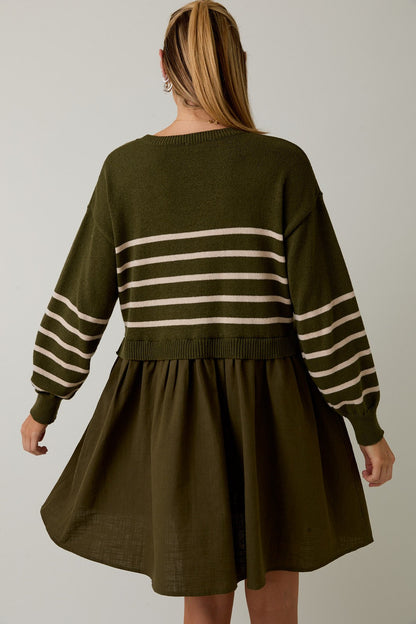  Holland Striped Mix Media Dress, Olive-Cream Stripe