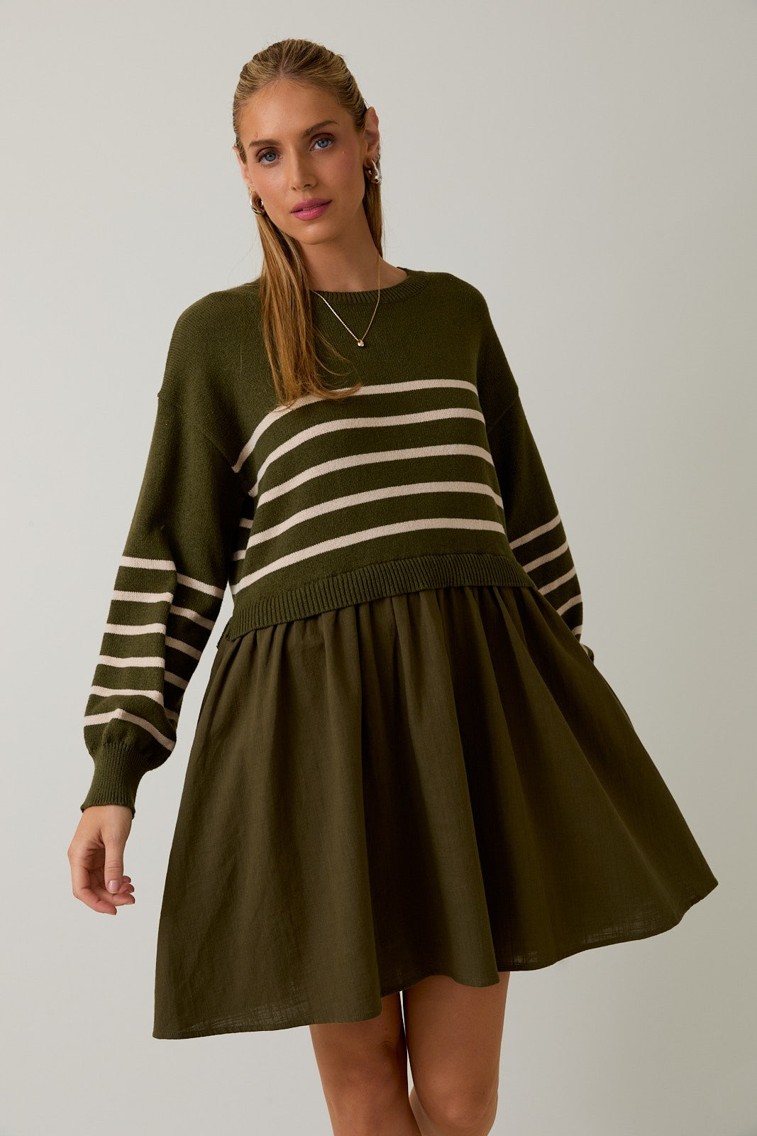  Holland Striped Mix Media Dress, Olive-Cream Stripe