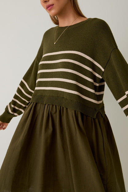  Holland Striped Mix Media Dress, Olive-Cream Stripe