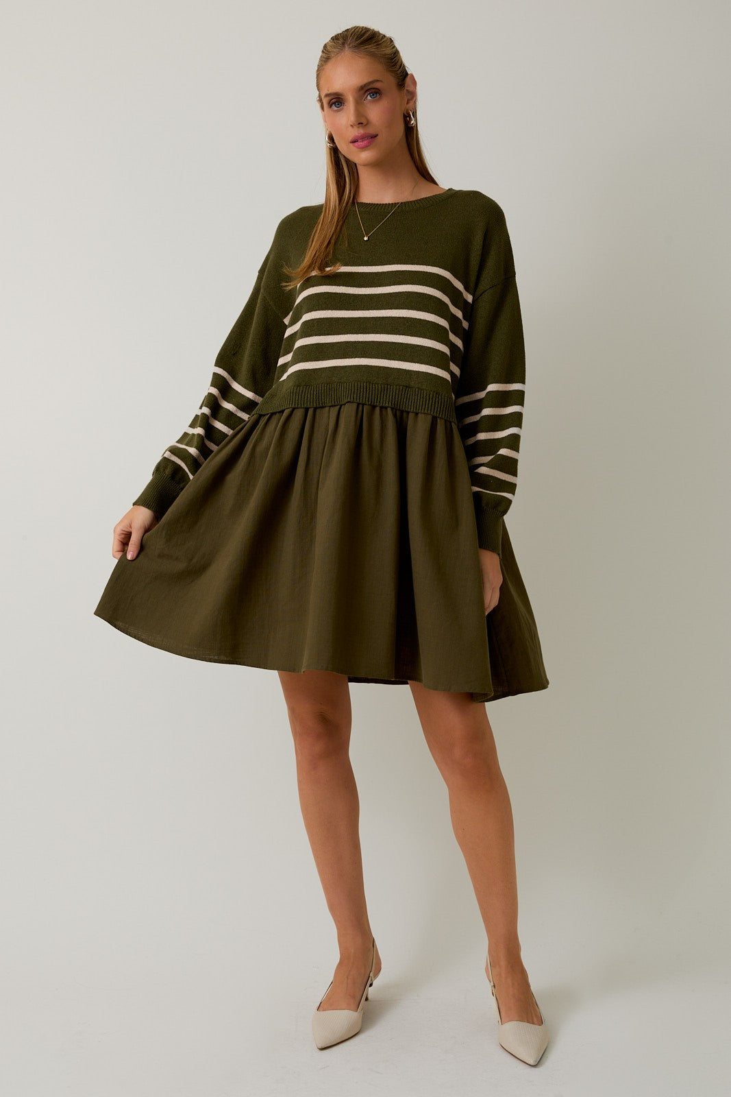  Holland Striped Mix Media Dress, Olive-Cream Stripe