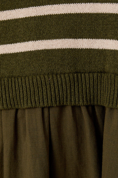  Holland Striped Mix Media Dress, Olive-Cream Stripe