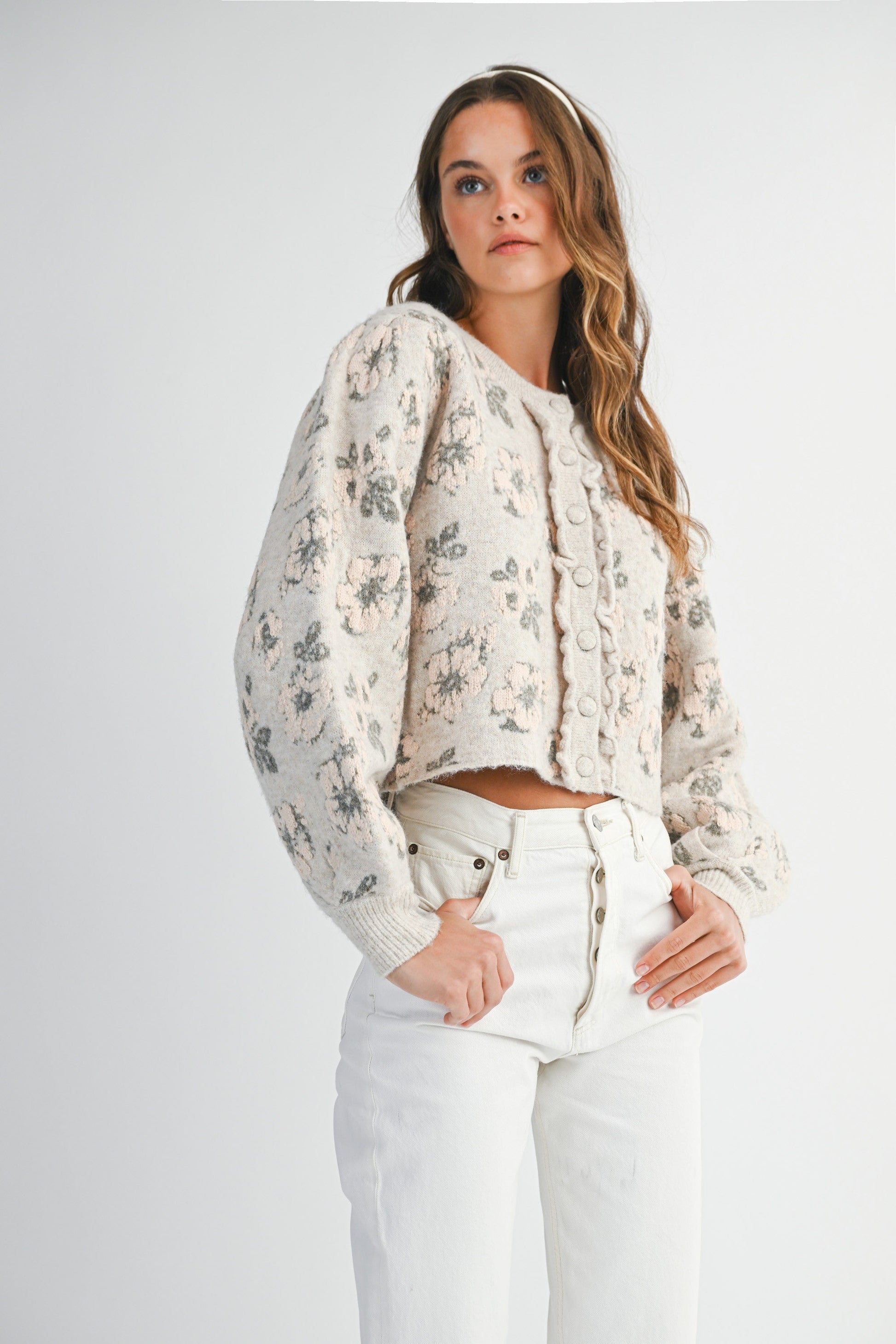  Leyla Floral Jacquard Cardigan Jacket, Light Taupe
