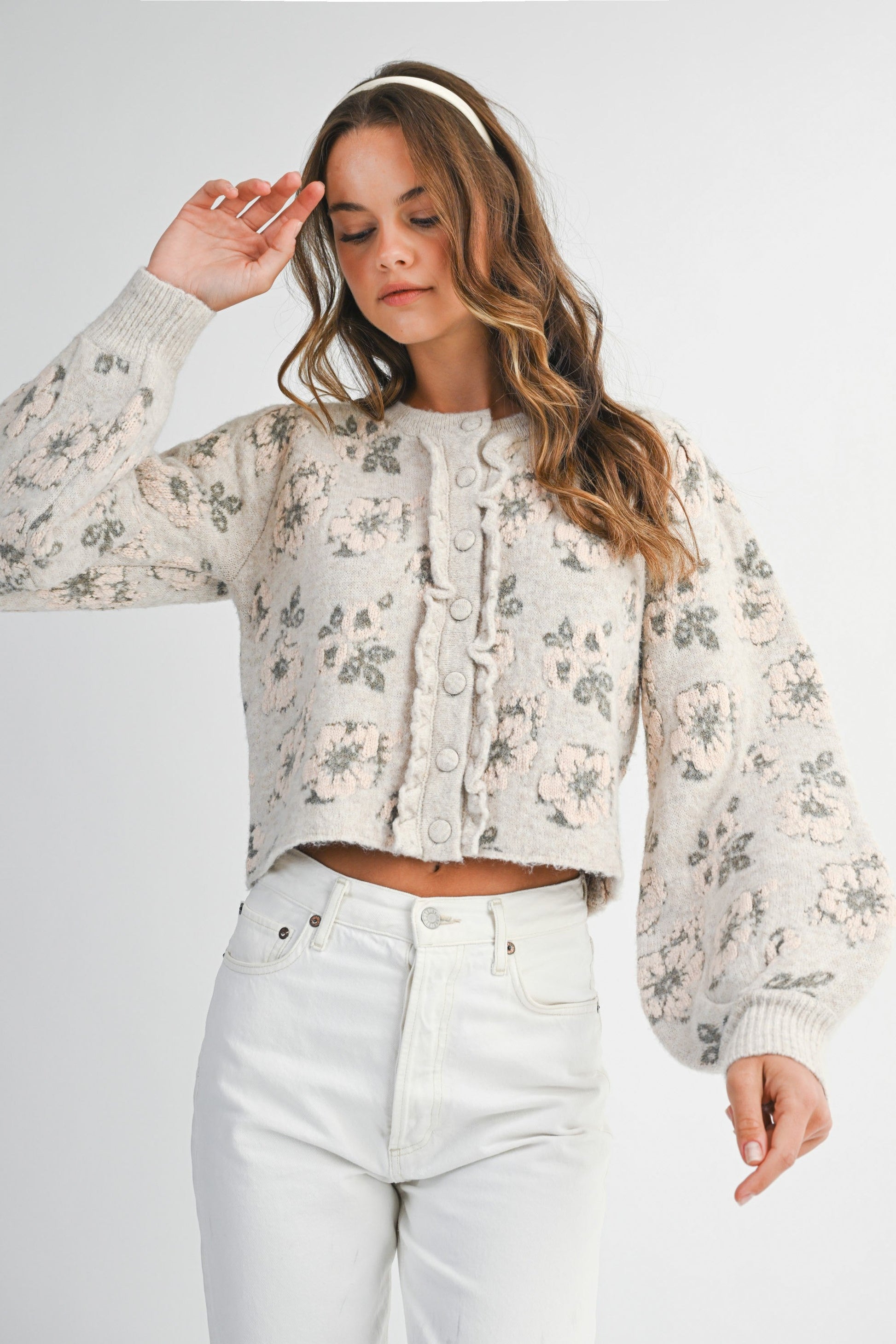  Leyla Floral Jacquard Cardigan Jacket, Light Taupe
