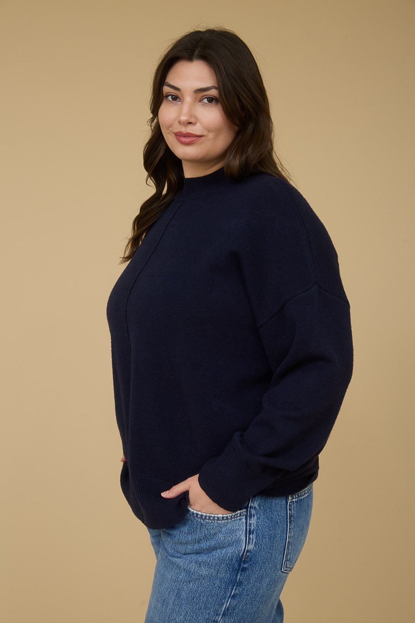  Julia Front Seam Mock Neck Sweater, Navy | Extended Sizes