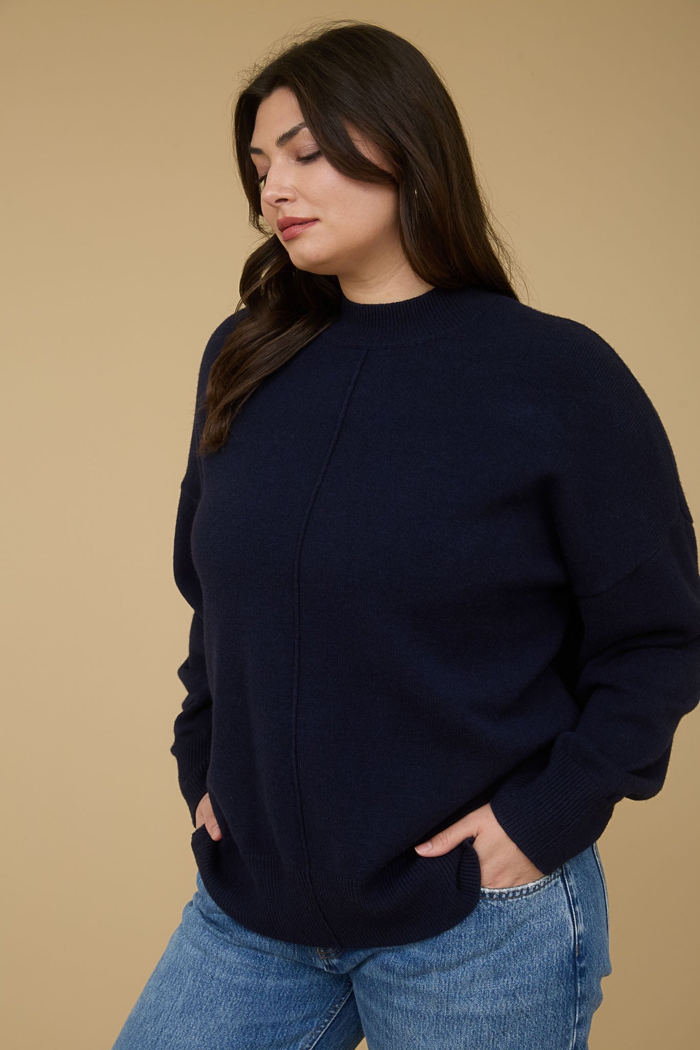  Julia Front Seam Mock Neck Sweater, Navy | Extended Sizes