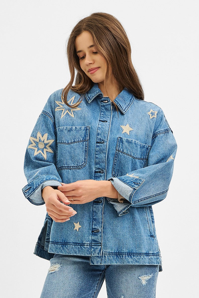  Harlow Star Embroidered Denim Jacket, Medium