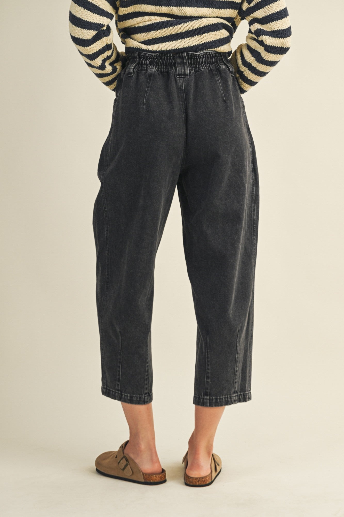  Raya Drawstring Barrel Leg Pants, Black Denim