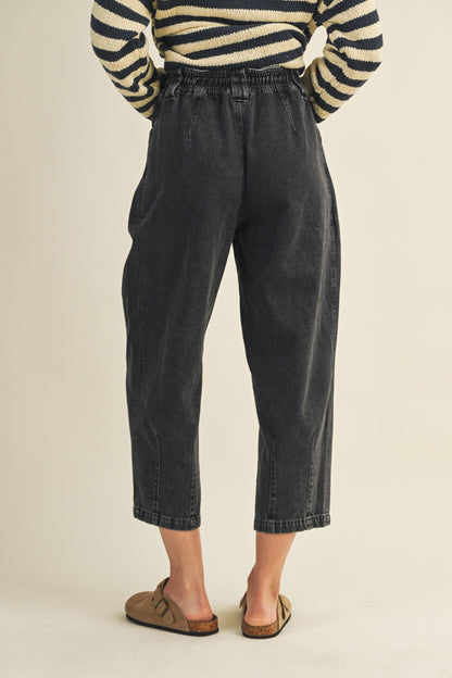  Raya Drawstring Barrel Leg Pants, Black Denim