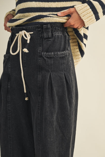  Raya Drawstring Barrel Leg Pants, Black Denim