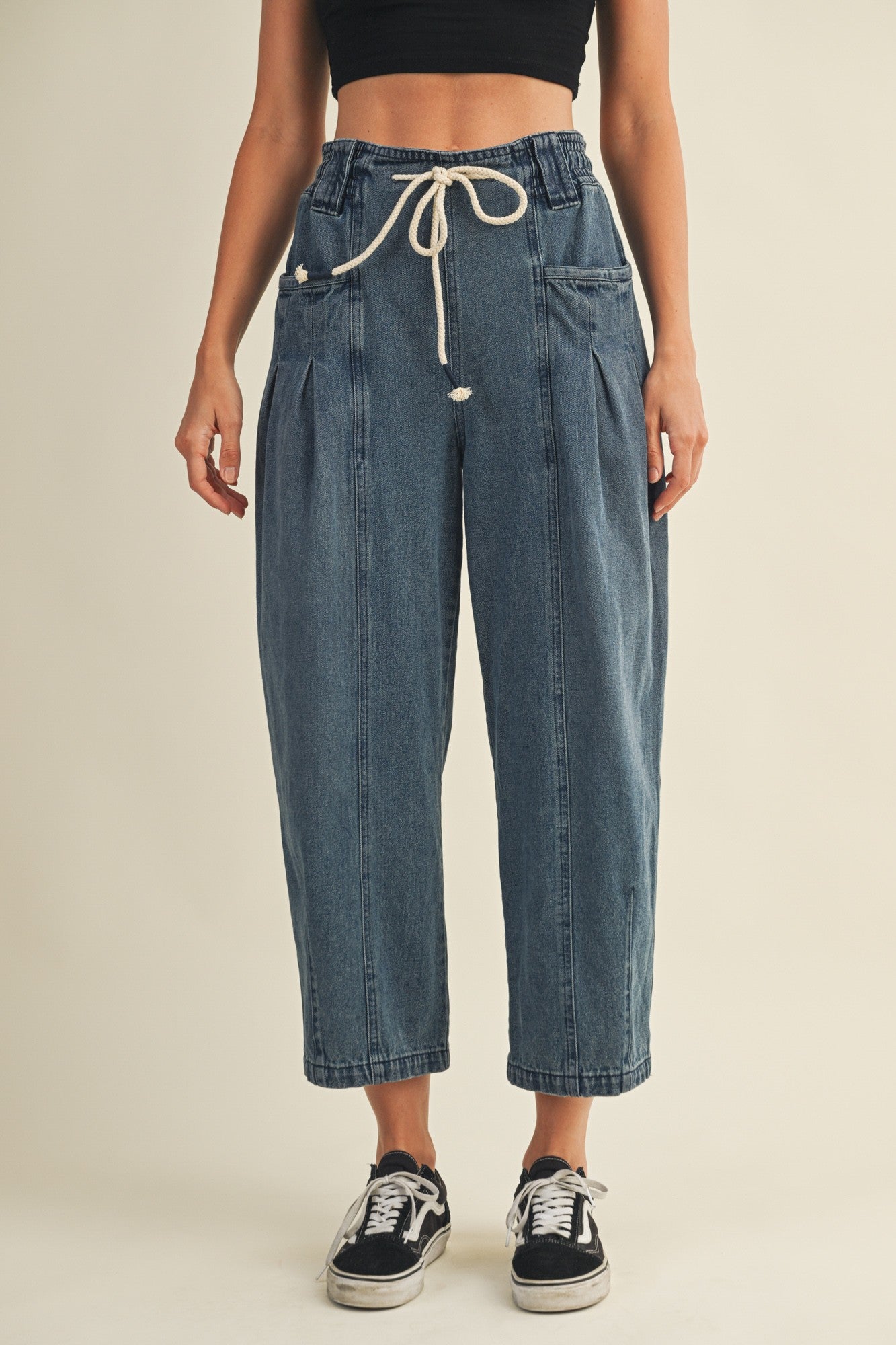  Raya Drawstring Barrel Leg Pants, Washed Denim