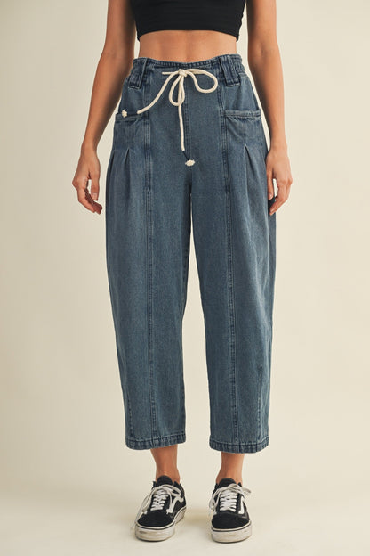  Raya Drawstring Barrel Leg Pants, Washed Denim
