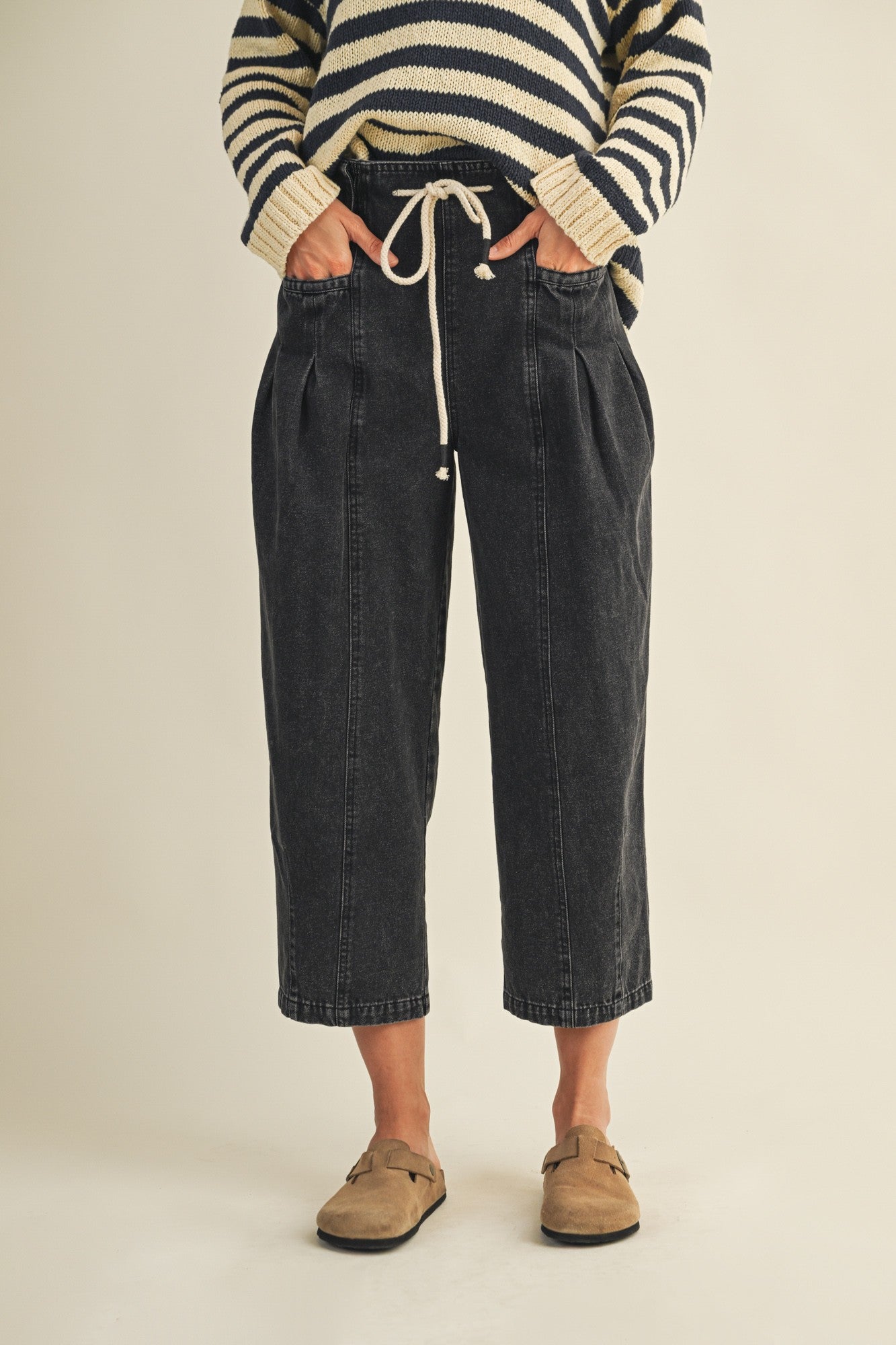  Raya Drawstring Barrel Leg Pants, Black Denim