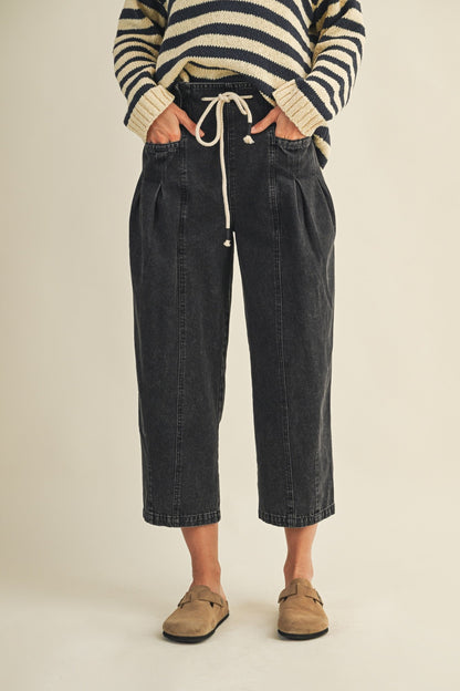  Raya Drawstring Barrel Leg Pants, Black Denim