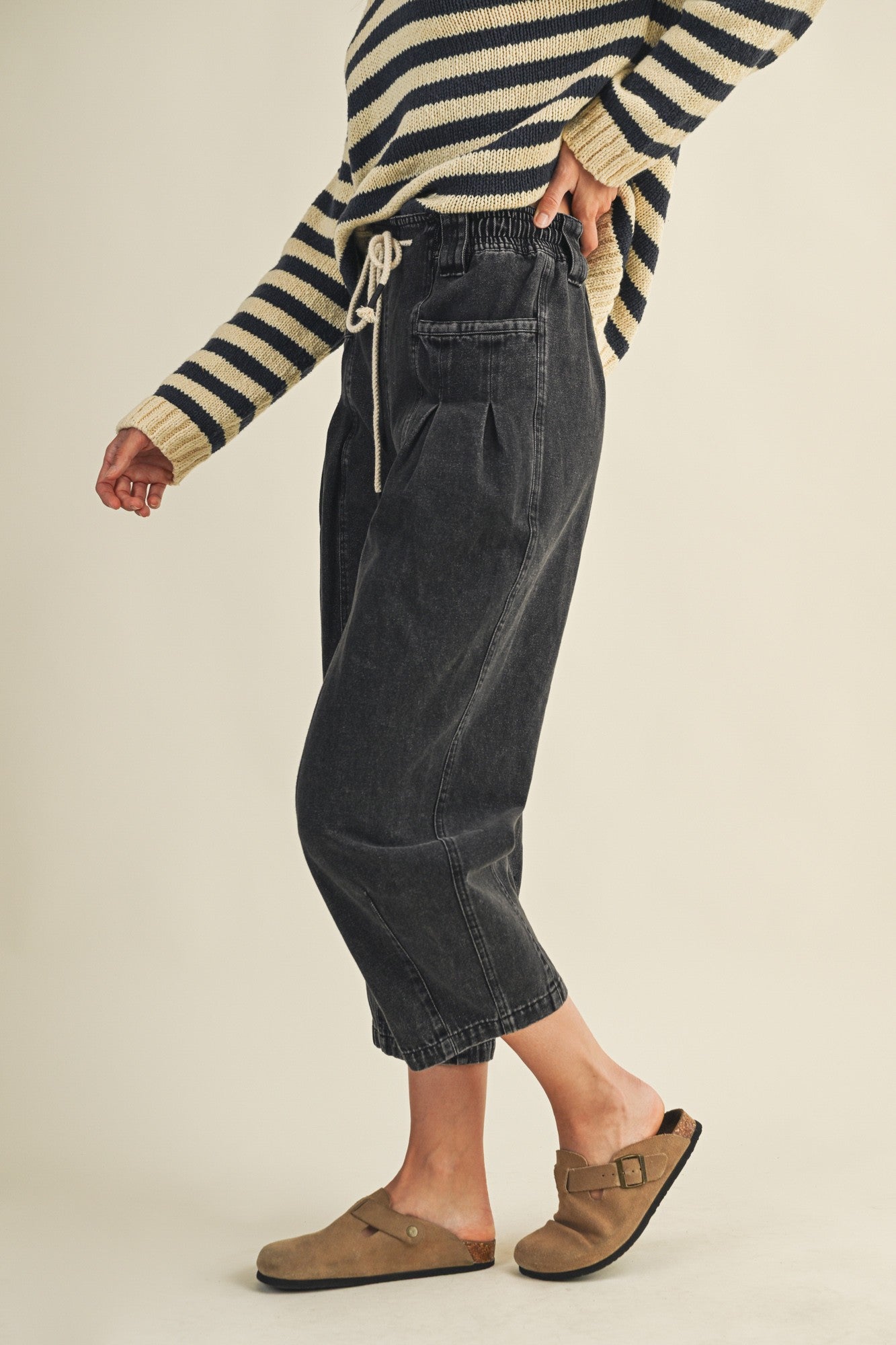  Raya Drawstring Barrel Leg Pants, Black Denim