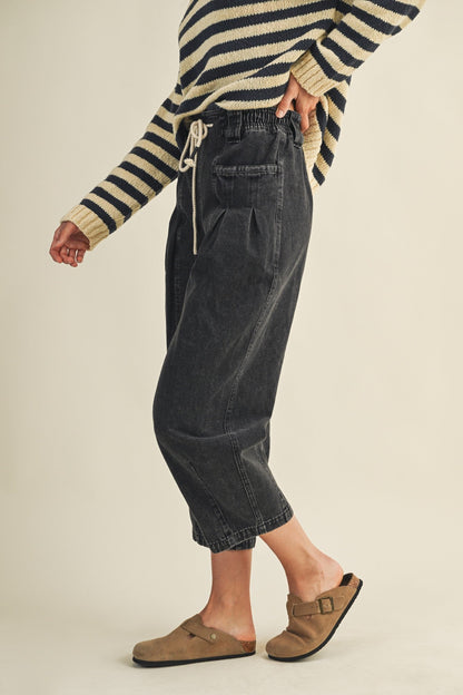  Raya Drawstring Barrel Leg Pants, Black Denim