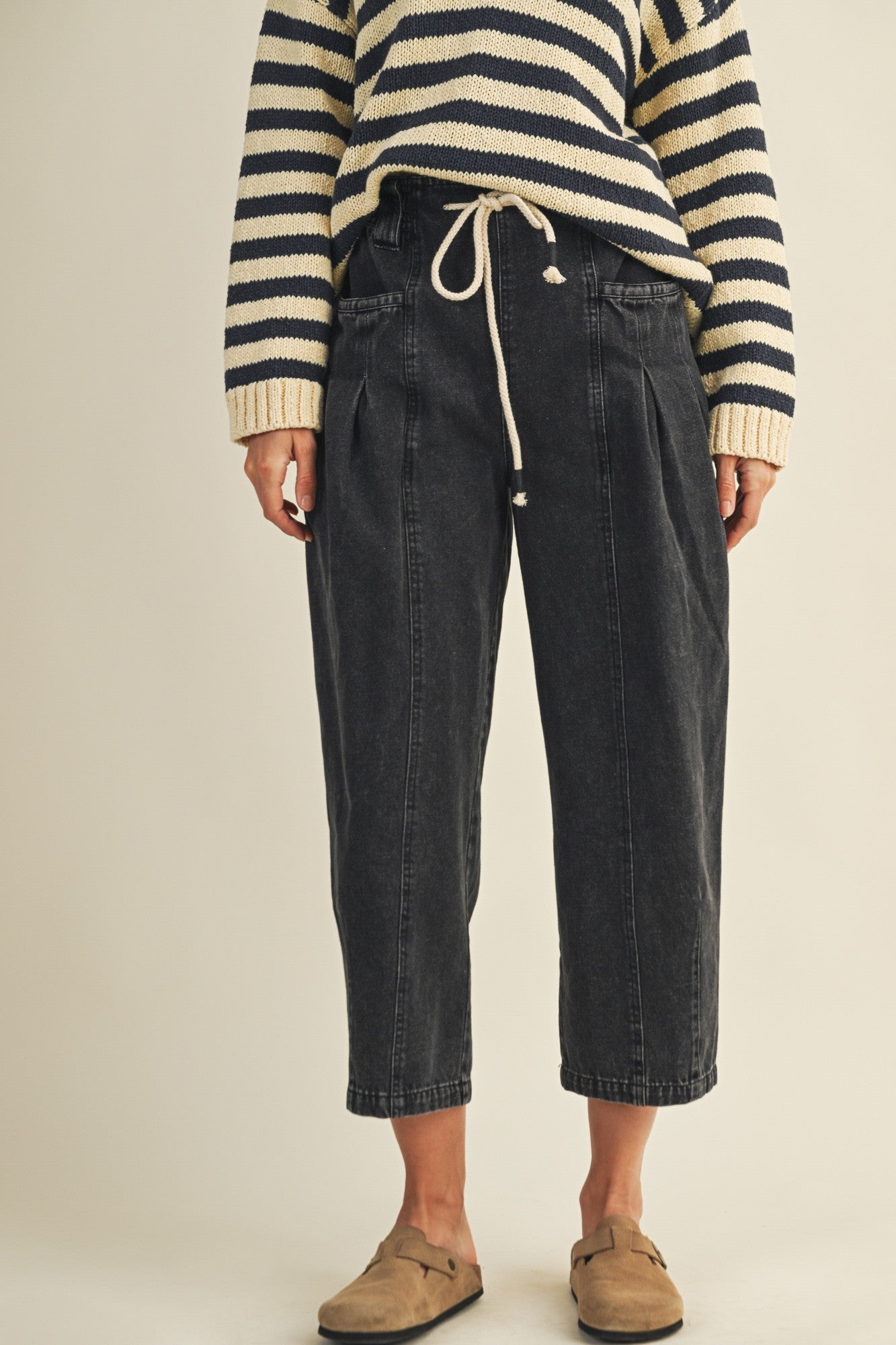  Raya Drawstring Barrel Leg Pants, Black Denim