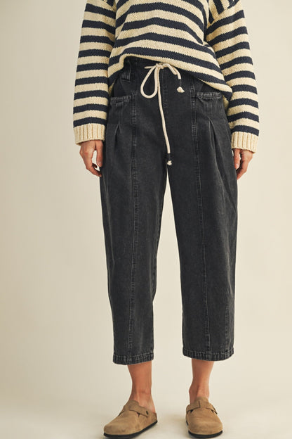  Raya Drawstring Barrel Leg Pants, Black Denim