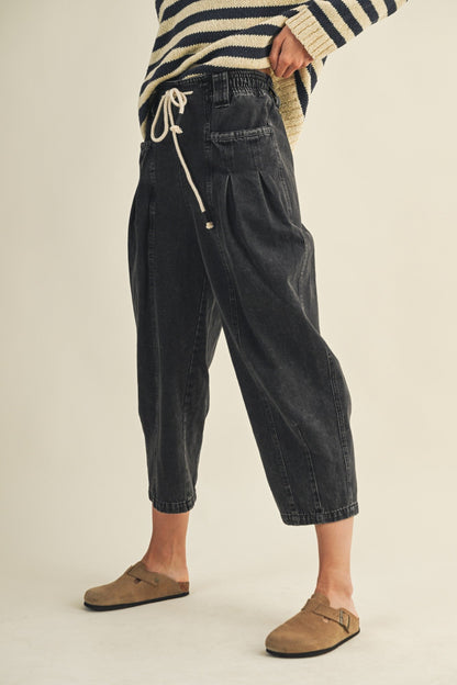  Raya Drawstring Barrel Leg Pants, Black Denim